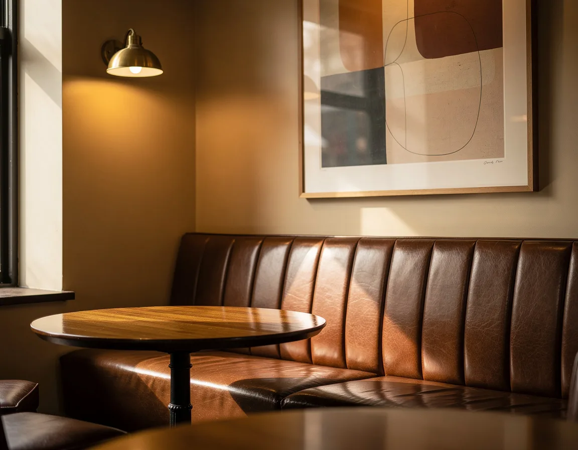 A quiet corner of the dining room with wooden chairs, a linen-covered table set for two and soft low light from a wall lamp
