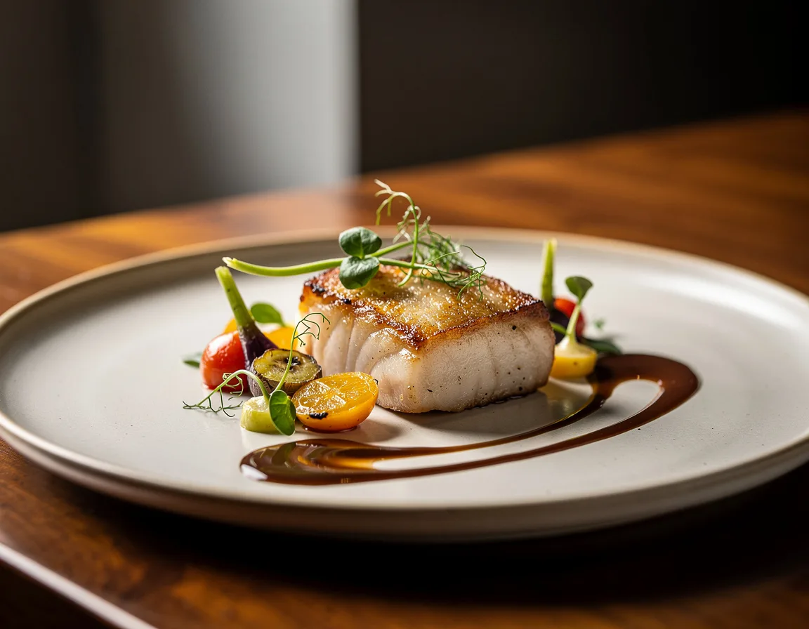 A seared main course resting on a warm plate with pan juices, served alongside rustic potatoes and greens